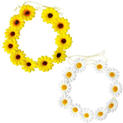 2 Stück Sonnenblumen-Stirnband, weißes und gelbes Gänseblümchen-Blumen-Stirnband, verstellbares Sonnenblumen-Kopfstück, Sonnenblumen-Kronen-Stirnband für Festival, Party, Hochzeit