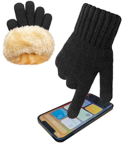 lifwimner Winter Gloves for Women Thermal Knitted Fleece Gloves Ladies Touch Screen Glove for Outdoor Running Texting (Black, One Size)