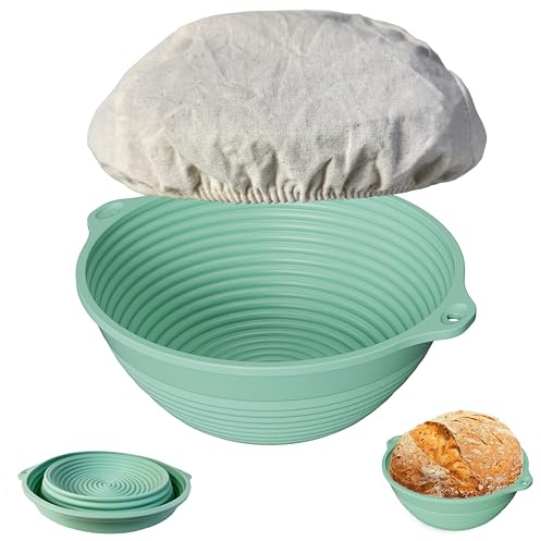 Silicone Bread Proofing Basket, 9 in Sourdough Baking Bowl with liner Thick Foldable Reusable Handmade Bread Making Supplies for bakers (Light Green)