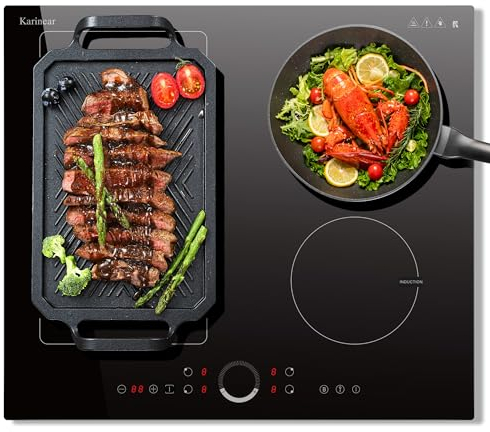 Karinear Plaque Induction 4 Feux avec Flexzone, Plaque à Induction 60 cm Encastrable, Table Induction 4 Foyers avec Commande Circulaire, Booster, Minuterie, Sécurité Enfant, 220V-240V 7200W sans prise