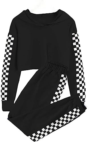 BOVOSHA Set di vestiti per bambine con top corto + pantaloni scozzesi tuta tuta felpa con cappuccio pantaloni della tuta 2 pezzi, Nero , 10-12 Years