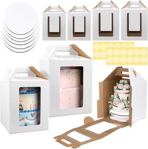 6 Pcs Tall Cake Boxes with Window and Boards, 2 Sizes, 10 inch/12 inch Cake | 2-Layer Tall Cake Packaging Boxes, Large Cake Carriers, White Bakery Boxes for Birthday, Wedding, Festival Party