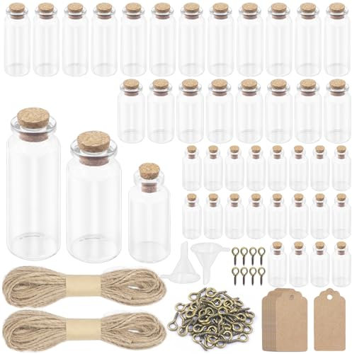 Swpeet Lot de 148 mini bouteilles en verre de 3 tailles avec bouchons en liège, vis à œillet, ficelle, entonnoir et étiquettes, mini bocaux en verre avec bouchons en liège pour loisirs créatifs