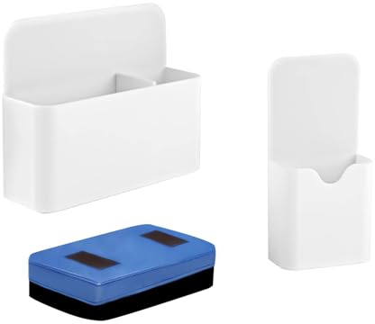 HingtTraum Portapenne magnetico con scomparti Portapenne magnetico per lavagna bianca, frigorifero, scuola e ufficio con spugna per lavagna bianca Confezione da 2 Bianco