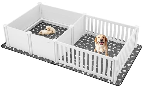 VEVOR Wurfkiste für Hunde, 235x123x46 cm, Welpenlaufstall aus Kunststoff-PVC mit höhenverstellbarer Tür & waschbarer PIPI-Unterlage, 2-Raum-Layout, Welpenkiste für extra große Hunde, Milchweiß