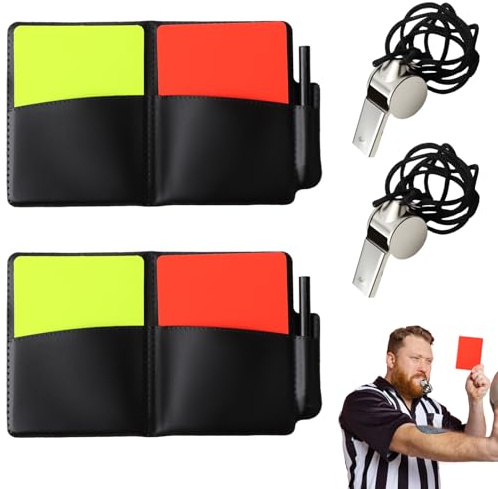 Anrbb Kit Arbitro Calcio, Cartone Arbitro Calcio Set con 2 Cartoncino Giallo e Rosso Arbitro 2 Custodie in PU, 2 Fischietti Metallo Nero, 10 Fogli di Match, 2 Matite, Sport Scuola e Concorso