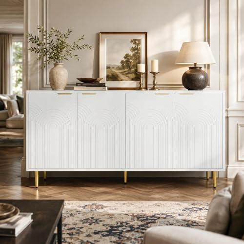 Aparador con estantes ajustables, cómoda con puertas, armario de sala de estar con tiradores y patas dorados, diseño estructurado, aparador para dormitorio, sala de estar, 160x40x80cm, Blanco (Blanco)