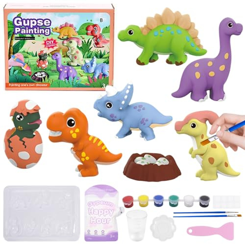 Zkaoai Kit de moulage en plâtre dinosaure, 7 pièces de moulage en plâtre pour enfants, kit de bricolage, figurines en plâtre pour moulage et peinture, kit de bricolage, kit de bricolage, figurines en