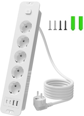 Inhwatek grenuttag med USB (PD 20W), 5-vägs inbyggt uttag, infällbart uttag 9-i-1 bordsuttag, flera uttag med 2 m kabel för kök kontor arbetsplats, 16 A/4 000 W