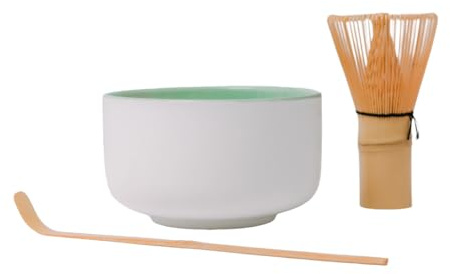 Nerthus FIH 1584 set té matcha 3 piezas con bol cerámico, batidor bambú 72 varillas y cucharilla tradicional, kit completo ceremonial japonés