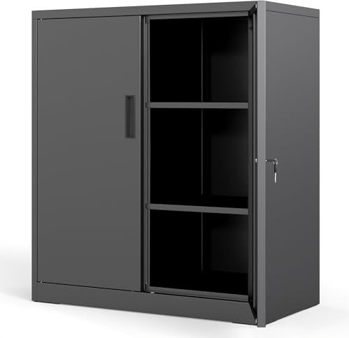 GIANTEX Armoire Metallique avec 2 Portes Verrouillables, Armoire de Rangement en Métal avec 2 Étagères Réglables pour Outils, Meuble de Rangement pour Garage, Bureau, Atelier, Noir