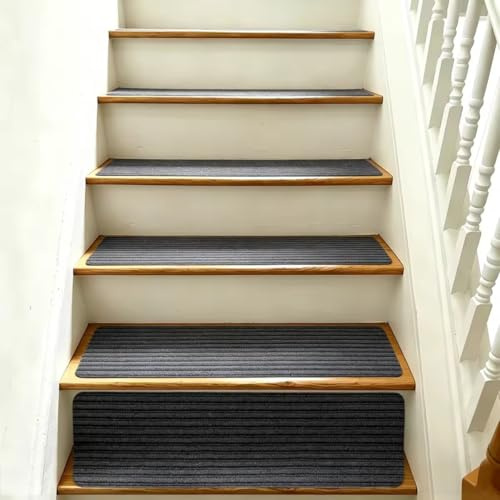 Alfombras para Escaleras Antideslizantes, 15 Unidades Autoadhesivas Escalones Interiores, Revestimiento para Escalones Interior, Fonoabsorbentes y Acolchadas, Recortables (Gris Oscuro, 55x22 cm)