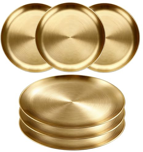 QingWing 6 stycken runda tallrikar i rostfritt stål, 20 cm rund guldplatta i rostfritt stål, silverfärgad dekorativ bricka, för camping, picknick, vandring, middag, snacks, fest