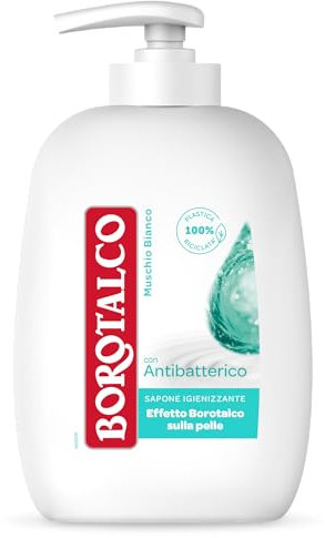 Borotalco, Sapone Liquido Igienizzante, con Antibatterico, Effetto Borotalco, Pelle Morbida, Liscia e Vellutata, Profumo di Muschio Bianco, Rispetta il pH Naturale, 100% Plastica Riciclata, 250 ml