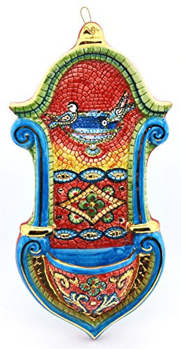 Art Escudellers ACQUASANTIERA Multicolore in Ceramica Dipinta a Mano con Oro 24K, Decorato in Stile BIZZANTINO Rosso. 26cm x 13cm x 5cm