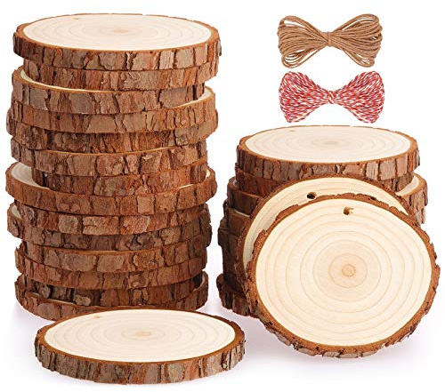 Rodajas de Madera Círculos 8-9 cm 25 pcs Fuyit Discos de Madera Rebanada 10m Cuerda de Cáñamo Maderas Naturales Perforado Con Corteza de Árbol Para Manualidades