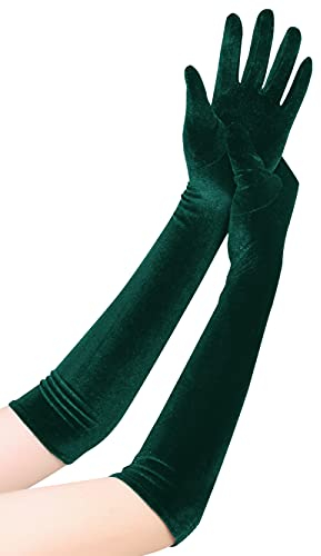 EORUBE Long Opera Gloves for Women Velvet Gloves 1920s Flapper Stretchy Elbow Length Halloween Costume (Dark Green)