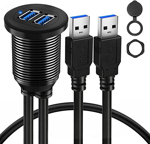 BATIGE Alloy Dual Port USB 3.0 Car Dashboard Flush Mount Cable, Male to Female with LED Indicator Extension Cable for Car Truck Boat Motorcycle Dashboard Panel - 3ft