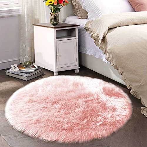 Latepis Teppich Rund 180 cm Teppich Rosa Teppich Groß Shaggy Teppich Hochflor Teppich Wohnzimmer Flauschig Teppich Schaffell Kunstfell Schlafzimmer Teppich