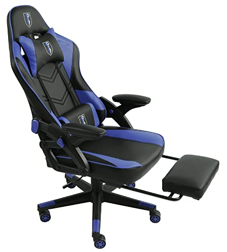 TRISENS Gaming Stuhl im modernen Racing-Design mit ausziehbarer Fußstütze Gaming Chair mit verstellbaren Design Armlehnen ergonomischer Schreibtischstuhl mit extra Stützkissen, Farbe:Schwarz/Blau