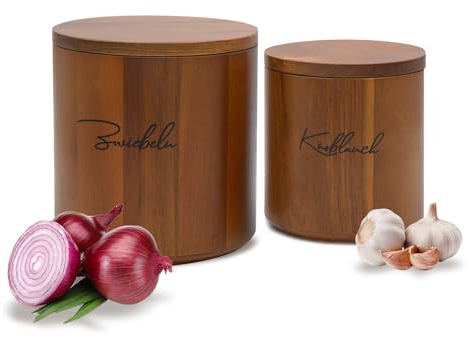 HOMEWOOD Zwiebel & Knoblauch Aufbewahrung 2er Set, Stapelbar mit Akazienholz, Vorratsbehälter für Küche – Zwiebeltopf & Knoblauchtopf