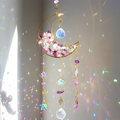 YeahBoom Sonnenfänger Kristall Fenster,Mond Kristall Anhänger Deko,Fensterdeko Hängend,Kristall-Sonnenfänger,Regenbogen Sonnenfänger Kristal,Regenbogen Kristalle Anhänger,Zuhause Gartendeko