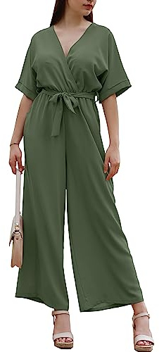 Laphilo Dam lång V-ringad bred ben jumpsuit med ledig elegant sommarbälte kod. 7213, Militär, XXL
