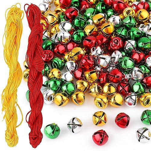 Amaxiu 200 Stück Jingle Bells, 0,4 Zoll Weihnachtsglocken mit 20 m Kordeln Bunte DIY Mini Bastelglocken in großen Mengen für Weihnachtsbaum Hängeornamente Weihnachtskränze Zuhause Festival Dekoration