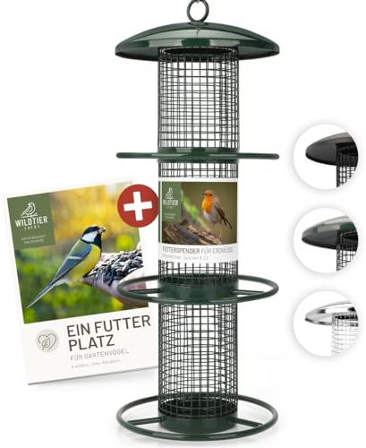wildtier liebe Distributeur de nourriture pour oiseaux, 35 cm, vert - Distributeur de nourriture pour cacahuètes en métal inoxydable - Mangeoire pour oiseaux, noix, cacahuètes, silo d'alimentation