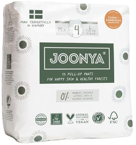Joonya Pull-Up Pants Baby Diapers, Size 4 L (15-26 lb) - 1 Bag of 25 - Non Toxic, Eco-Friendly, High Absorbency, Overnight Use, Ultra Slim & Soft - Made in Denmark