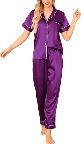 Vlazom Womens Silk Pyjamas, Soft Satin Short Sleeve Top & Long Pant Pyjamas Set Button Down Pj Sets Loungewear for All Seasons S-XXL
