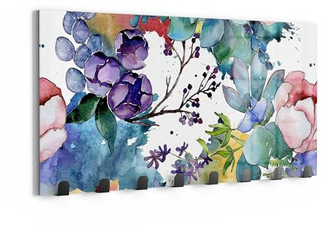 DEQORI Appendiabiti da parete in vetro e metallo, motivo floreale colorato, 60 x 30 cm, design moderno, pannello appendiabiti per corridoio, soggiorno e camera da letto, magnetico e scrivibile