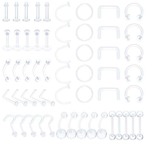 Yolev 55PCS Clear Piercing Retainer Set - Septum, Nose, Flexible Lip, Ear, Nose Hoop, Tongue, Nipple, Cartilage, and Industrial Barbell in Plastic