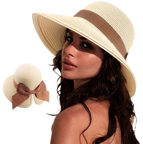 DRESHOW Bowknot Chapeau de Soleil pour Femme Bord Large Chapeau de Soleil de Pplage Pliable pour l'été Chapeau Sarouel en Paille à Large Bord avec Nœud UPF 50+