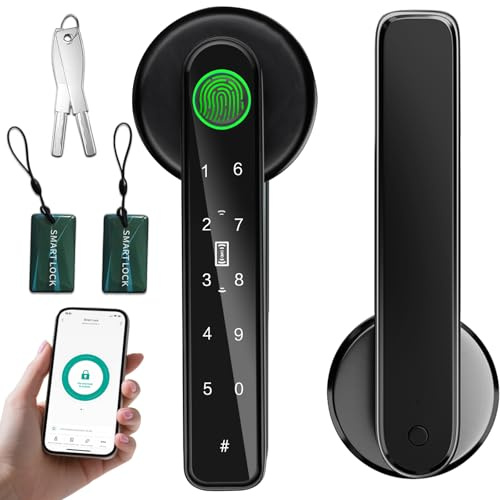 5 in 1 Smart Fingerprint Door Lock, Advanced Automatic Digital Handle with APP/Fingerprint/IC Card/Code/Keys, High-Security Electronic Locks for Modern Home/Office, Black