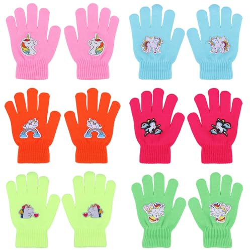 QKURT 6 paia Guanti Invernali Caldi per Bambini, Guanti Elasticizzati Magici per Bambini, Muffole Invernali Colorati in Maglia, Guanti Motivo Unicorno per Ragazzi e Ragazze dai 5 ai 12 Anni.