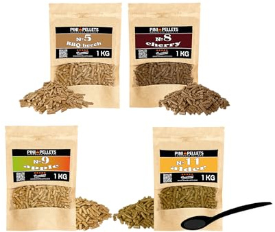 PINI Natural Wood Pellets Set of 4 x 1 kg for Smoker Smoker Oven Selection of 4 Varieties - Beech Pellets No. 5, Cherry Pellets No. 8, Apple Pellets No. 9, Alder Pellets No. 11 - Varietal Wood