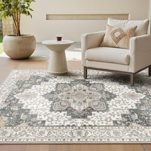 GENIMO - Vintage matta 160 x 230 cm - halkfri, lätt att rengöra, med kort hår - för vardagsrum, sovrum - grå
