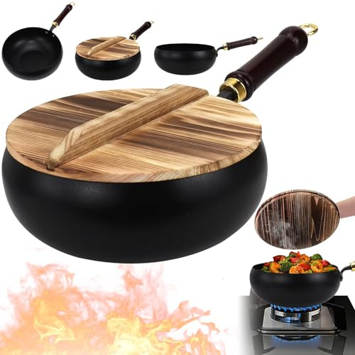 LYCN Carbon Steel Wok Pan, 24cm Uncoated Japanese Iron Pan with Wooden Lid and Handle, Nonstick Flat Bottom Wok Stir Fry Pans for Gas Induction Cookers All Stoves
