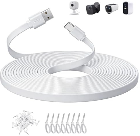 ANLINK 5M/16.4ft Platt USB C-kabel, USB A till USB C-laddar och strömkabel för Blink Mini 2/Outdoor 4, Ring Pan-Tilt inomhuskamera, eufy Cam S3 Pro, SoloCam S340/S350/S220/C210 och mer CCTV-kamera