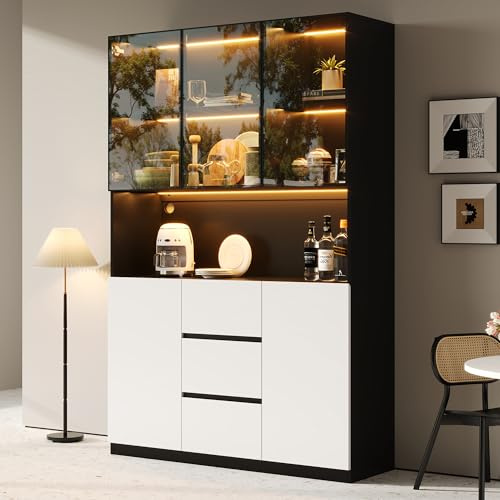 BXEYXE Vitrina de vidrio iluminada con LED 120×40×200cm – Vitrina de vidrio templado con estantes abiertos, TRES cajones y dos puertas. Un armario versátil adecuado para sala de estar y comedor.