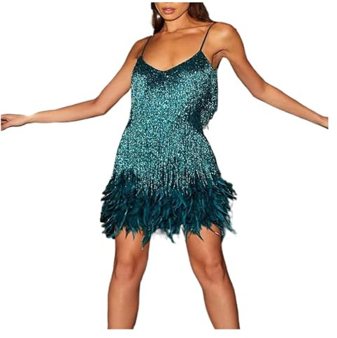 OPIGJUFD Vestido de Lentejuelas con Flecos Minivestido Sexy con borlas y Lentejuelas Plumas for Mujer, Vestidos de cóctel Dorados for, Vestido Elegante for Fiesta Noche Club graduación para Bailes