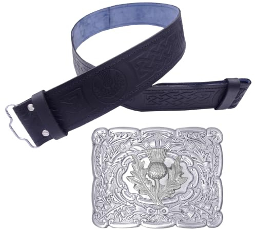 Traditional Scottish Kilt Belt & Buckle - Premium Black Leather with Celtic Knot Thistle Embossing, Antique Silver Finish Buckle for Pipers & Highland Attire