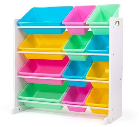Humble Crew Wooden Toy Storage Organiser for Children & Toddlers, with 12 BPA Free Plastic Removable Storage Bins, Ideal for Storing Toys, Games, Books & Craft Supplies - White/Pink/Blue/Green/Yellow