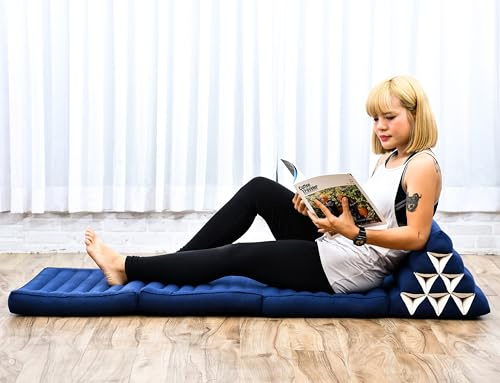 Leewadee - Comfortable Japanese Floor Mattress - Thai Floor Bed With Triangle Cushion - Futon Mattress - Thai Massage Mat, 170 x 53 cm, Blue, Kapok Filling