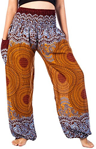 Lofbaz Harem Pants for Women Hippie Boho Festival Clothing - Bohemian Trousers for Yoga Beach Summer - Smocked Waist with Pockets - Rose 1 Brown M