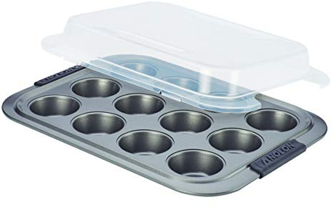 Anolon 12 Cup Advanced Nonstick Bakeware Muffin Pan with Silicone Grips, Gray