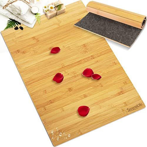 SereneLife Alfombra de Bambú para Baño - Alfombra de Piso Resistente al Agua y al Clima de Madera Natural para Baño y Ducha con Diseño de Tirantes Múltiples Plegable y Tela Antideslizante para Uso