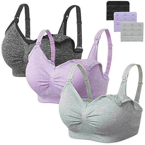 HBselect Nursing Bra Maternity 3 Pack Seamless, XXL, Black + Gray + Purple