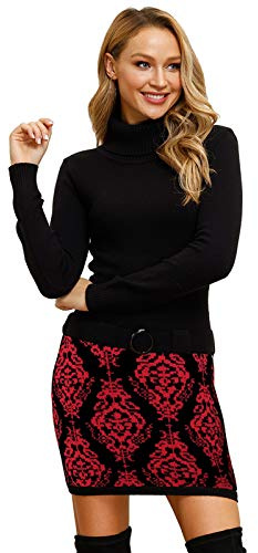 ELFIN Polotröja för kvinnor, klänning, elegant vinterklänning, stickad klänning, knälång miniklänning med tryckt kjol, tröjklänning, Rosa/svart, L